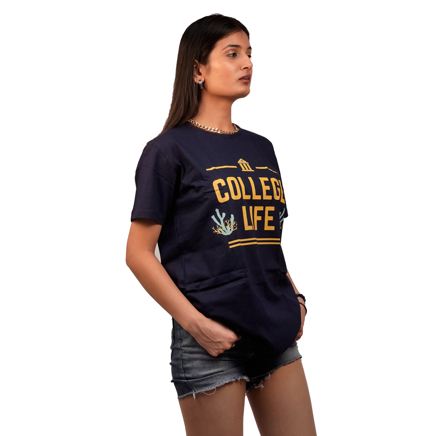 College Life T-Shirt In Navy Blue Color For Women