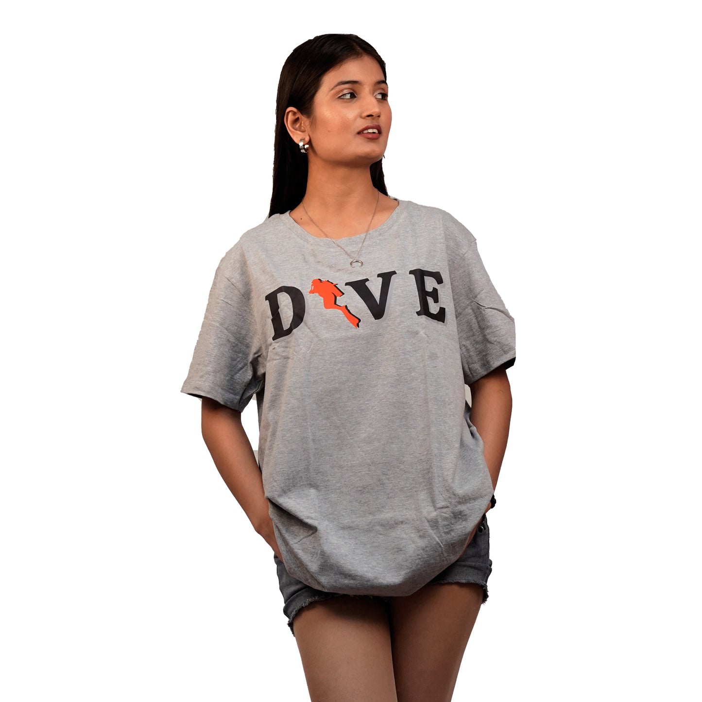 Dive Printed T-Shirt In Grey Color For Women