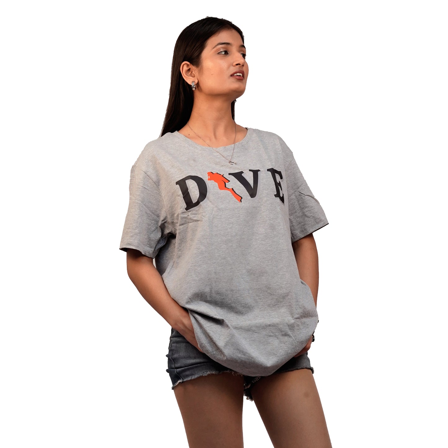 Dive Printed T-Shirt In Grey Color For Women