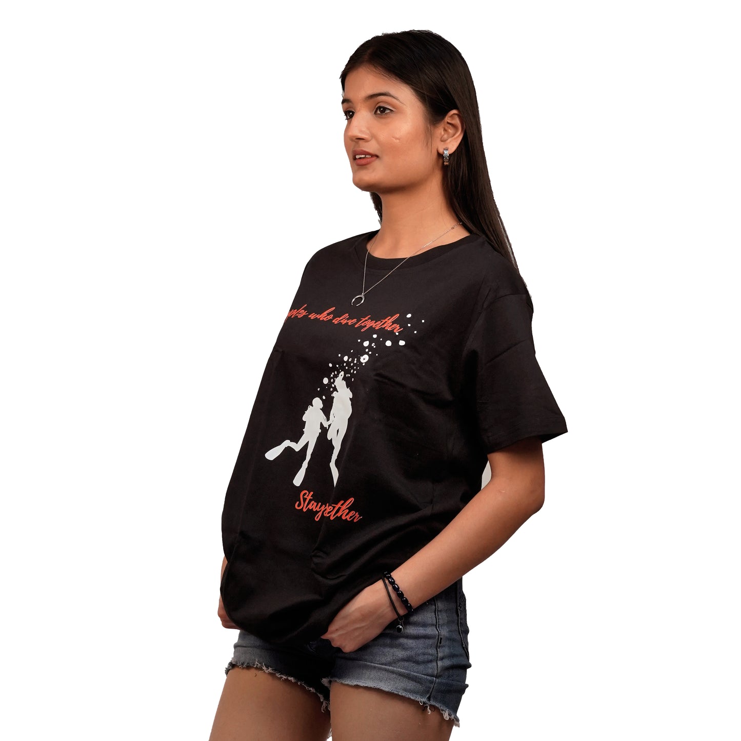 Diving Couple T-shirt In Black Color For Women